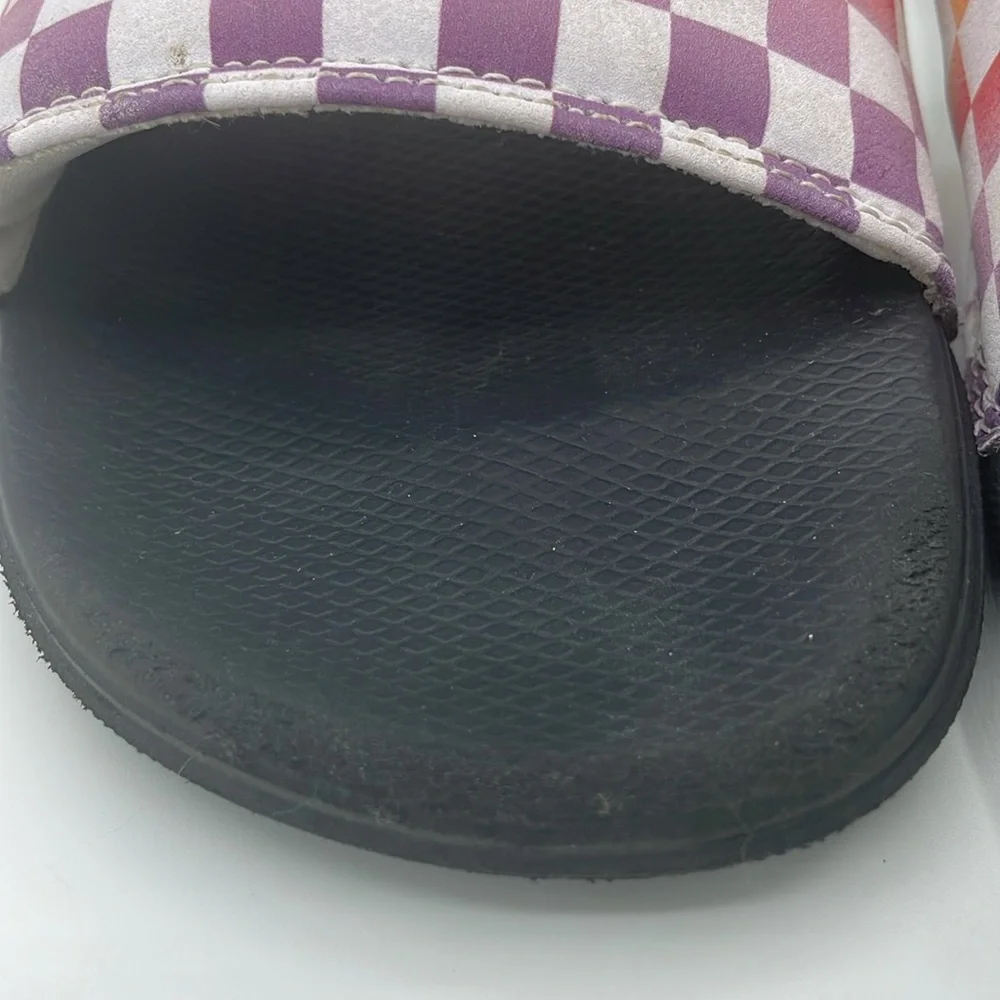 Vans Purple and Red Slide Sandals with Checkered Pattern